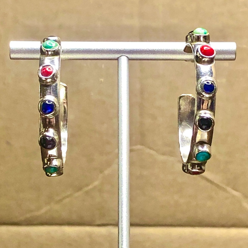 Taxco Sterling Silver Large Multi - Gemstone Hoop Earrings